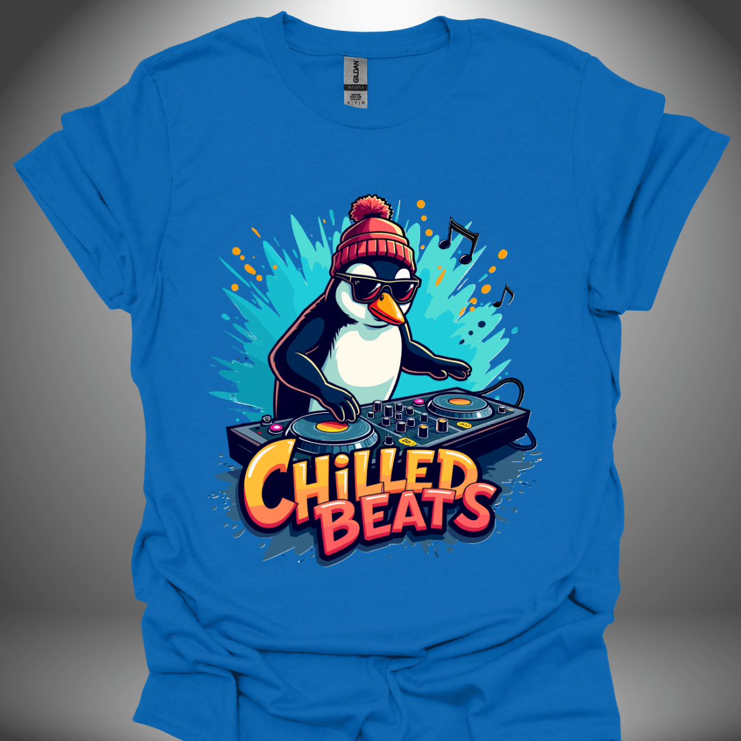 Christmas DJ T-shirt, 'Chilled Beats' design in royal blue, front view