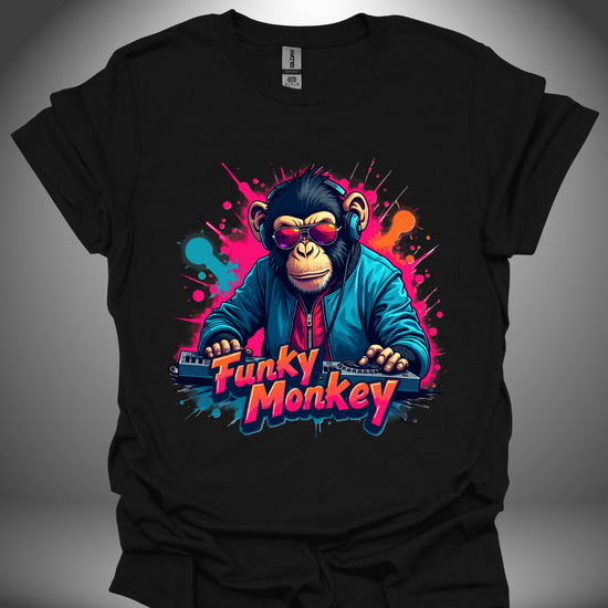 Unisex DJ T-shirt, 'Funky Monkey' design (with text) in black, front view