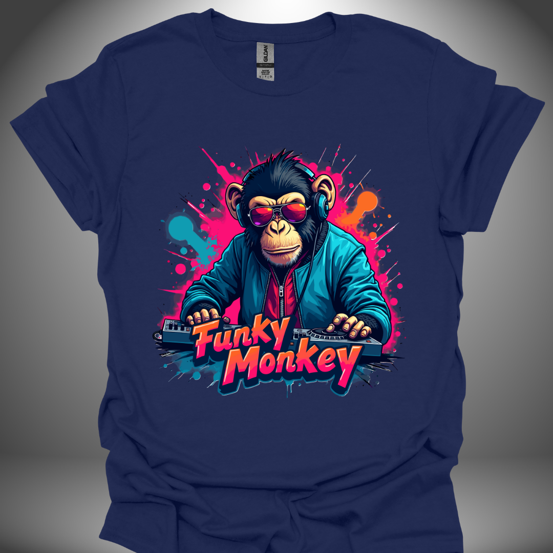 Unisex DJ T-shirt, 'Funky Monkey' design (with text) in navy, front view