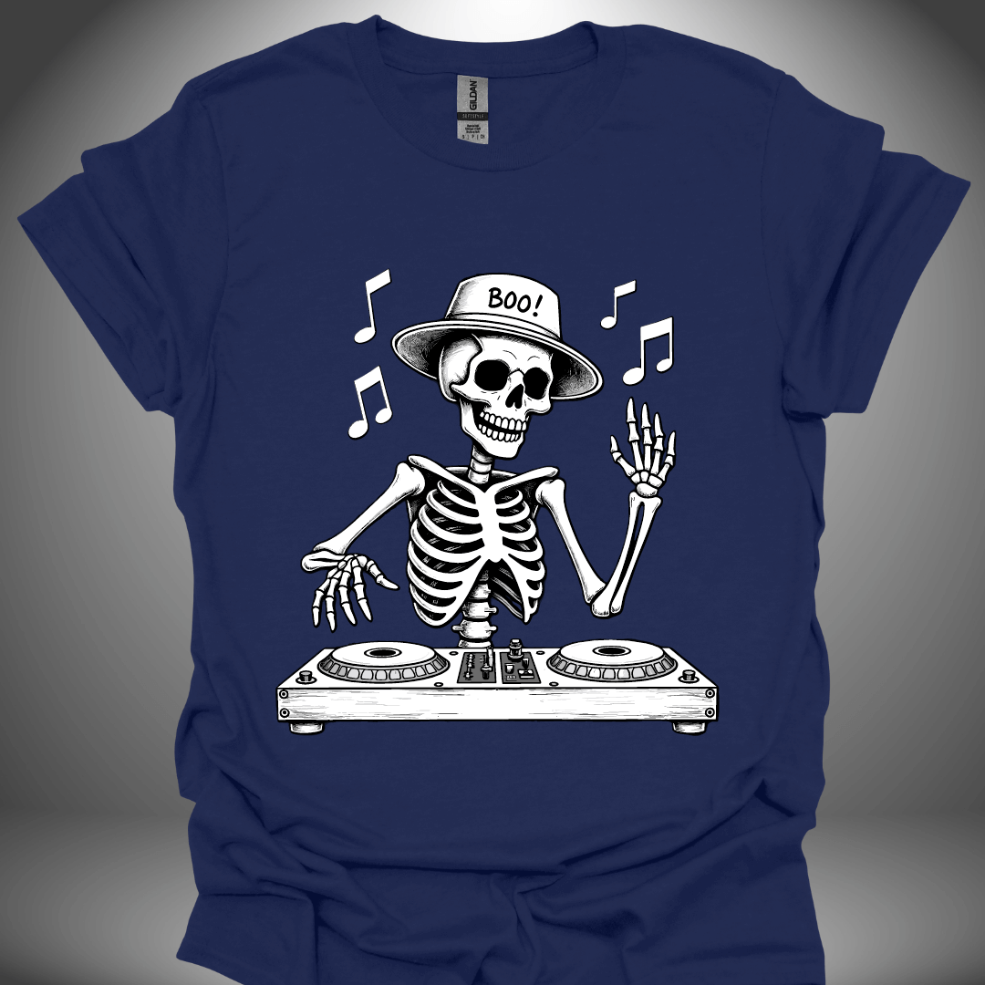 Halloween DJ T-shirt, 'DJ Skeleton' illustration design in navy, front view