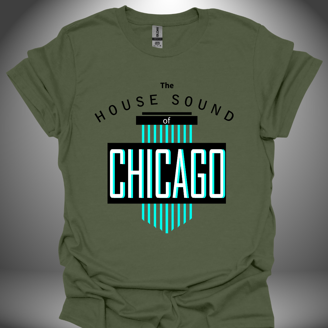 Unisex House Music T-shirt 'House Sound of Chicago' design in military green, front view