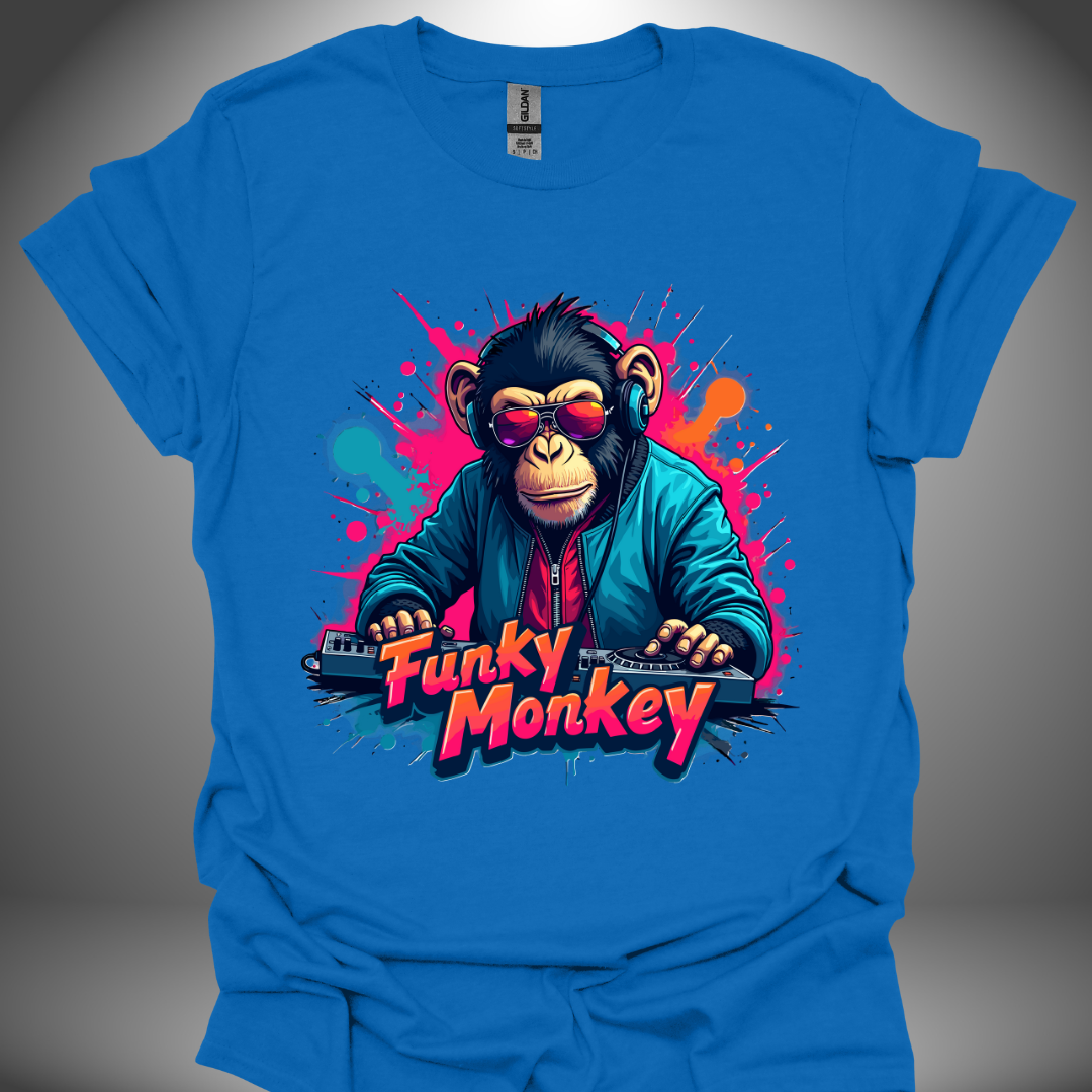 Unisex DJ T-shirt, 'Funky Monkey' design (with text) in royal blue, front view