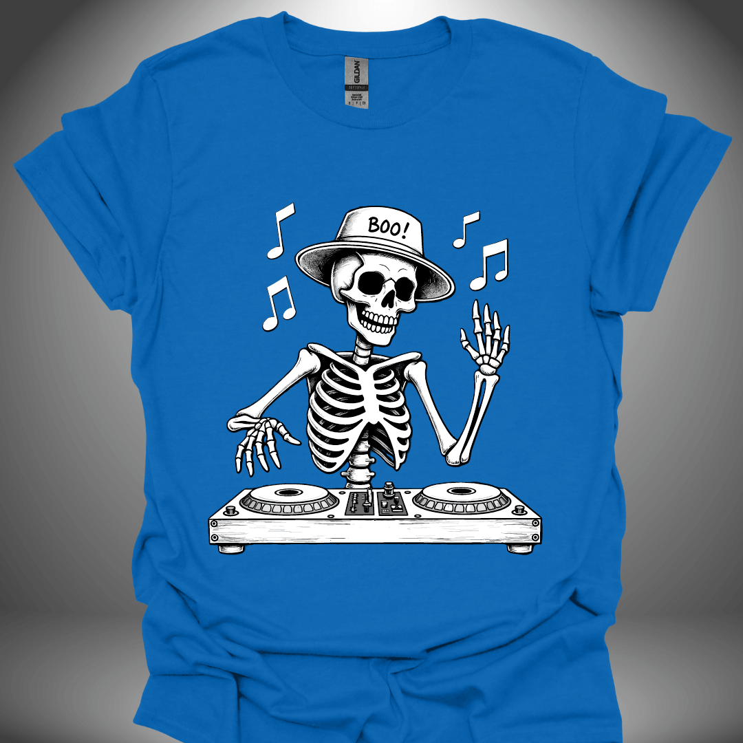 Halloween DJ T-shirt, 'DJ Skeleton' illustration design in royal blue, front view