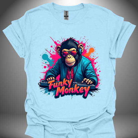 Unisex DJ T-shirt, 'Funky Monkey' design (with text) in light blue, front view