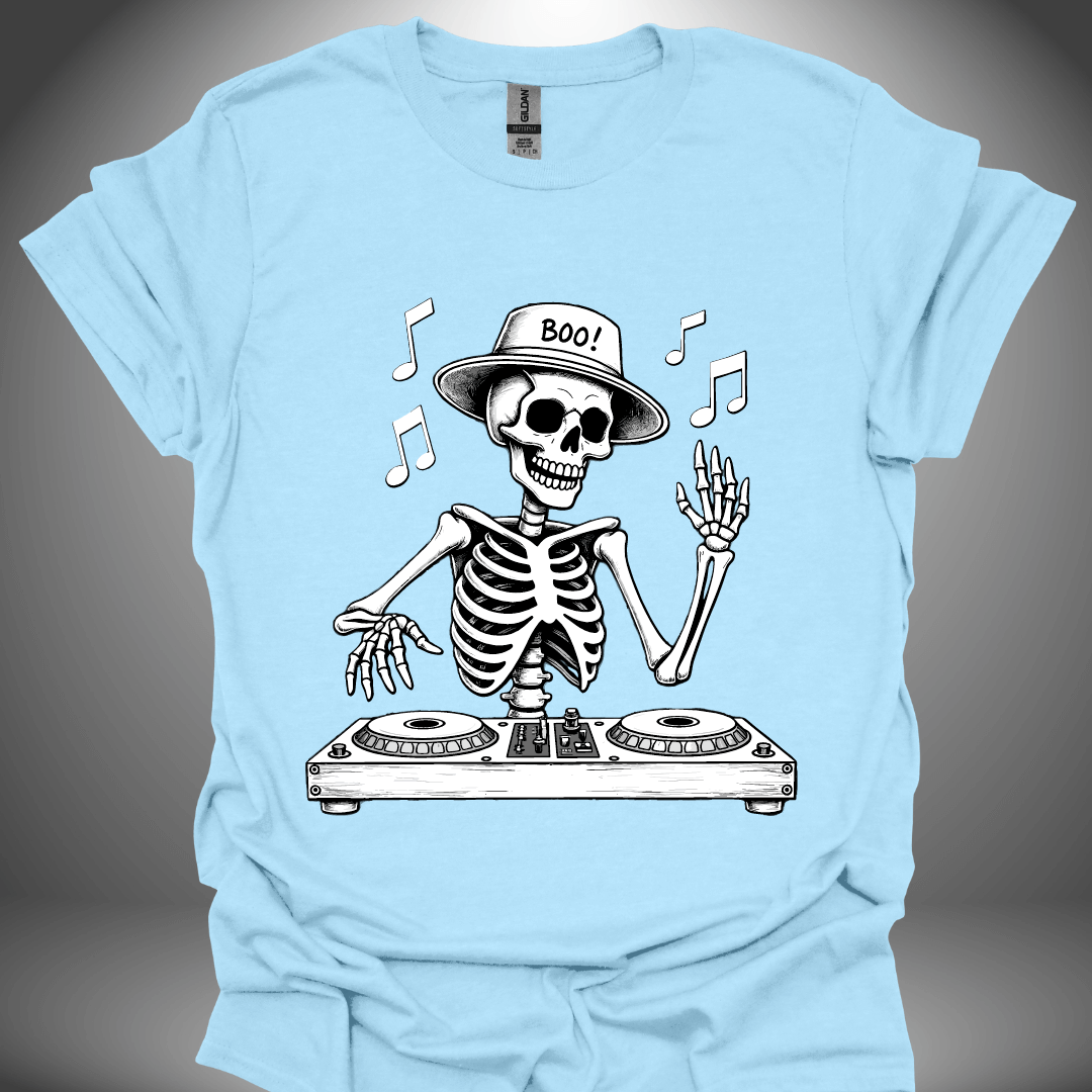 Halloween DJ T-shirt, 'DJ Skeleton' illustration design in light blue, front view