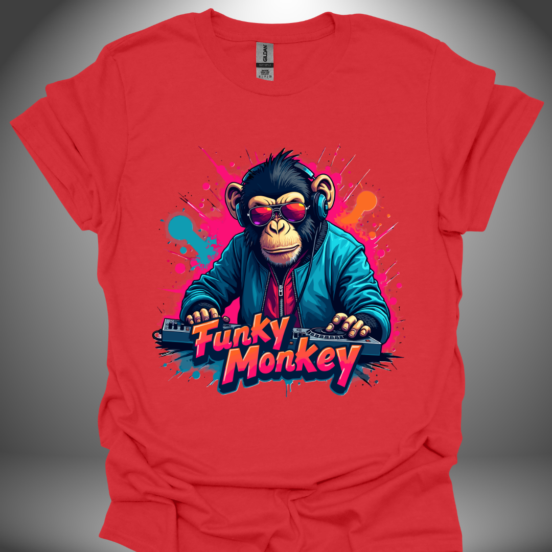 Unisex DJ T-shirt, 'Funky Monkey' design (with text) in red, front view