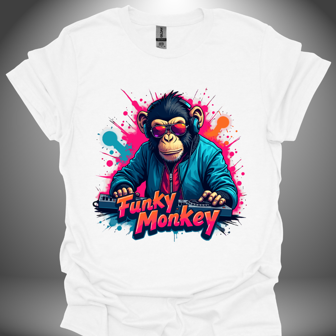 Unisex DJ T-shirt, 'Funky Monkey' design (with text) in white, front view