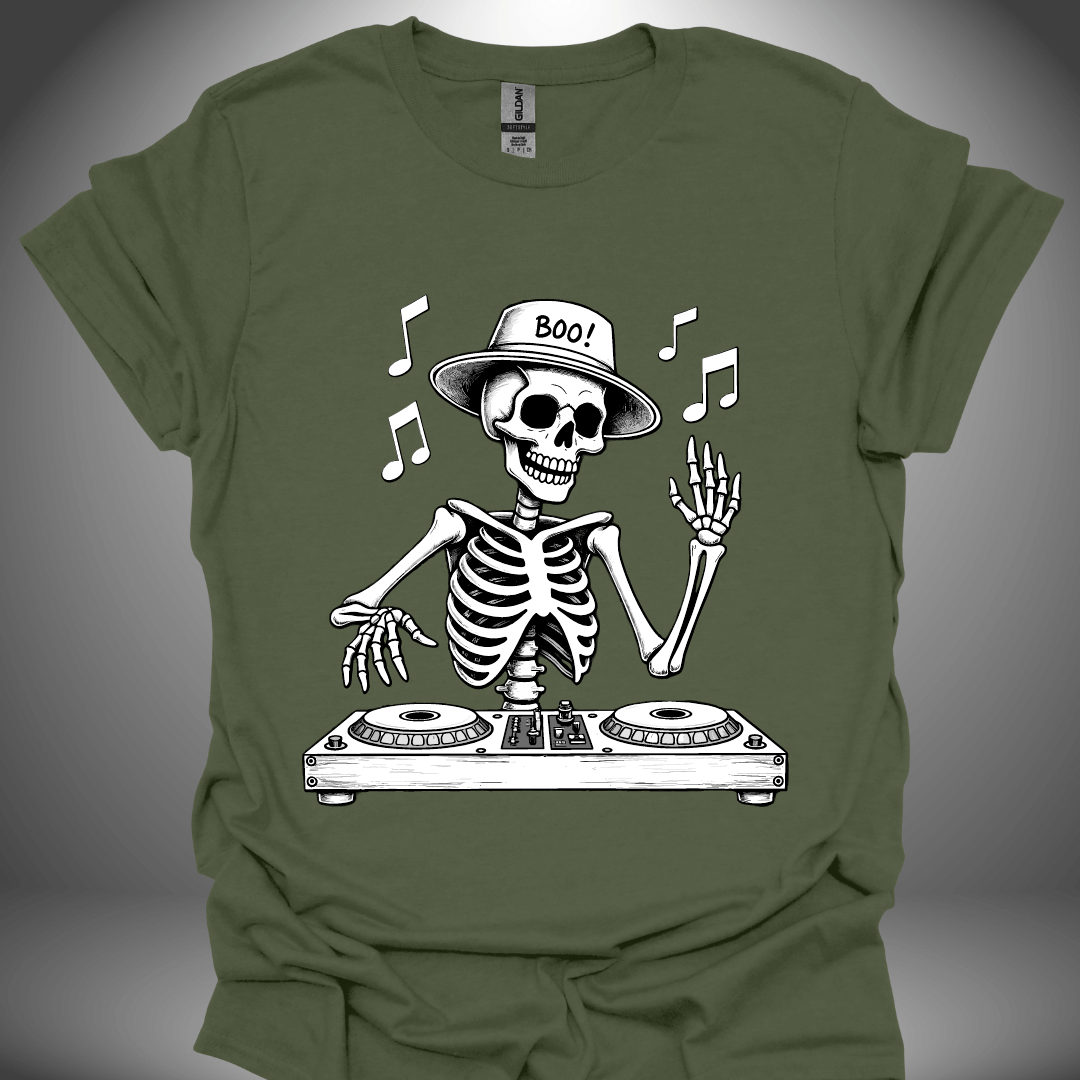 Halloween DJ T-shirt, 'DJ Skeleton' illustration design in military green, front view