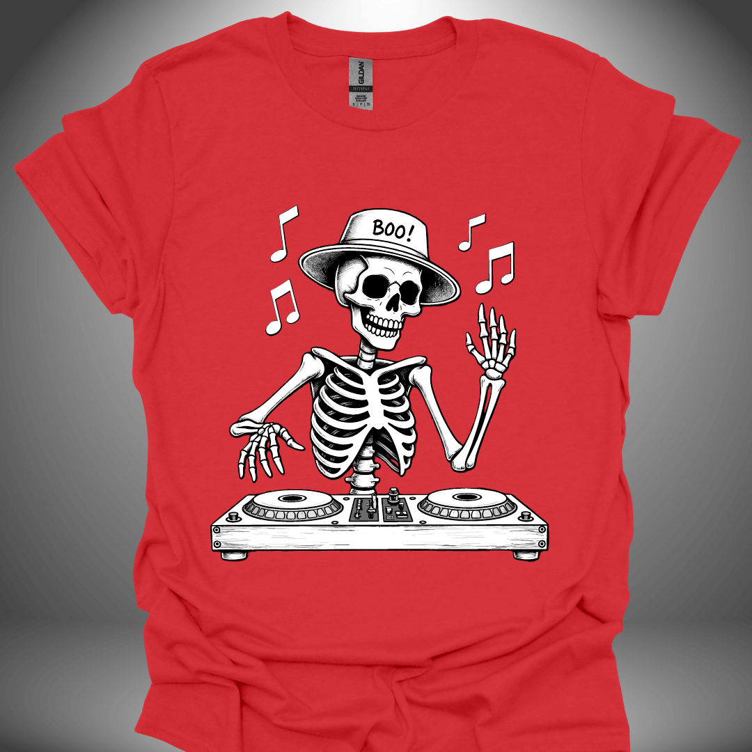 Halloween DJ T-shirt, 'DJ Skeleton' illustration design in red, front view