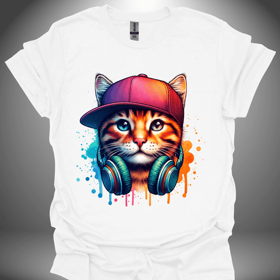 Unisex DJ T-shirt, 'DJ Cool Cat' design in white, front view