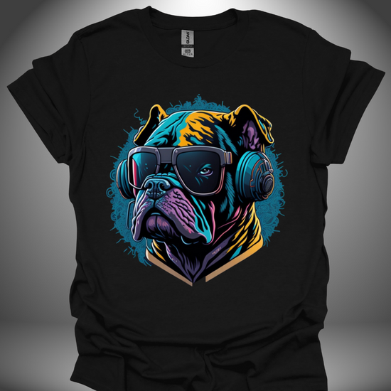 Unisex DJ T-shirt, 'Spin Master Pup' design in black, front view