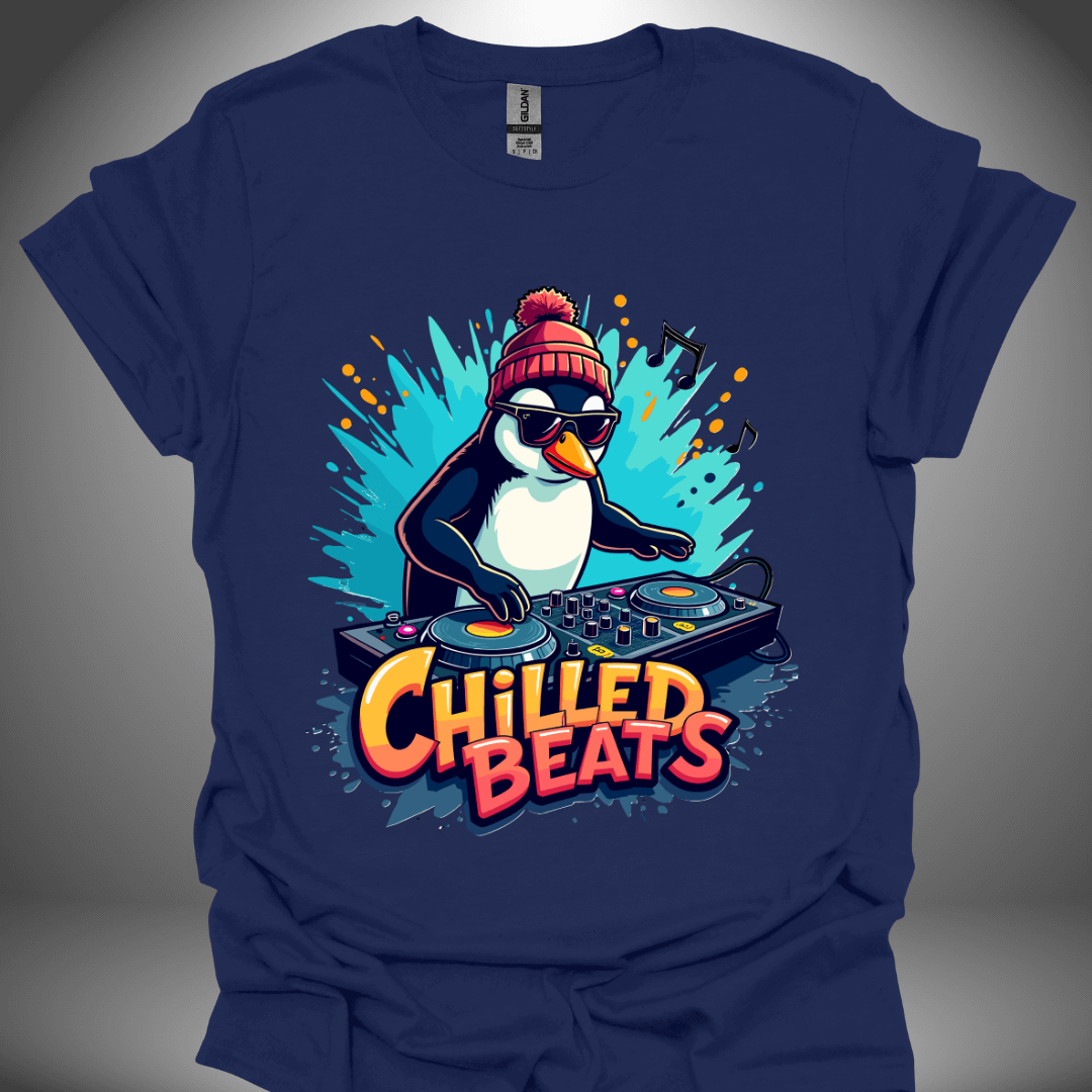 Christmas DJ T-shirt, 'Chilled Beats' design in navy, front view