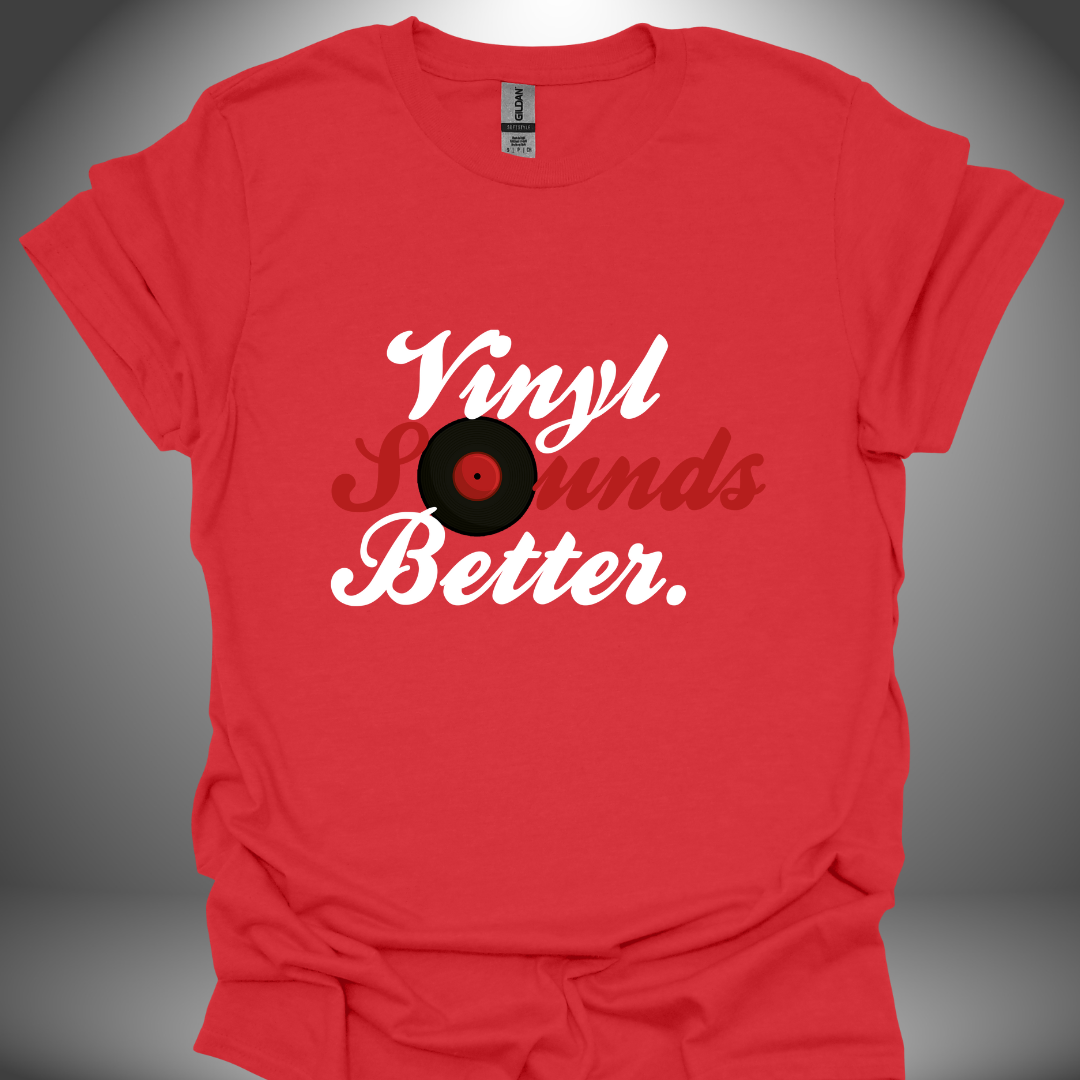 Vinyl enthusiast DJ T-shirt, 'Vinyl Sounds Better' design in red, front view