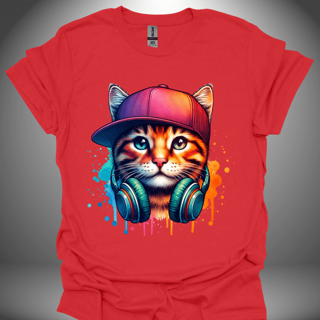 Unisex DJ T-shirt, 'DJ Cool Cat' design in red, front view