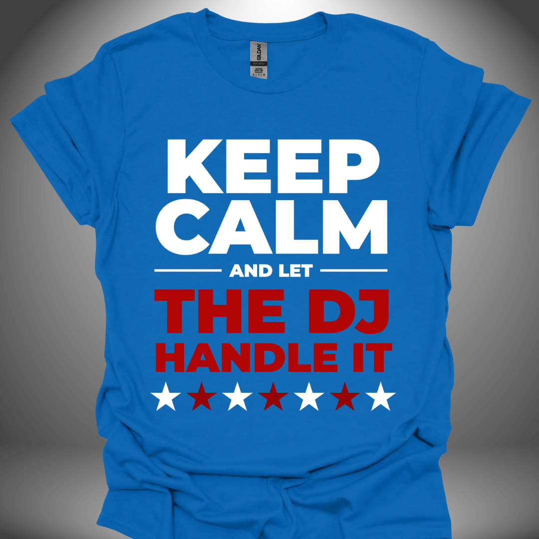 Funny DJ T-shirt, 'Let The DJ Handle It' design in royal blue, front view