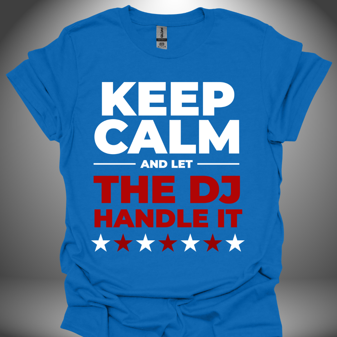 Unisex DJ T-shirt, 'Let The DJ Handle It' design in royal blue, front view