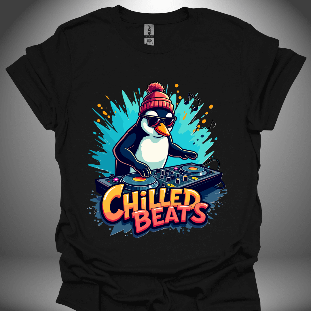 Christmas DJ T-shirt, 'Chilled Beats' design in black, front view