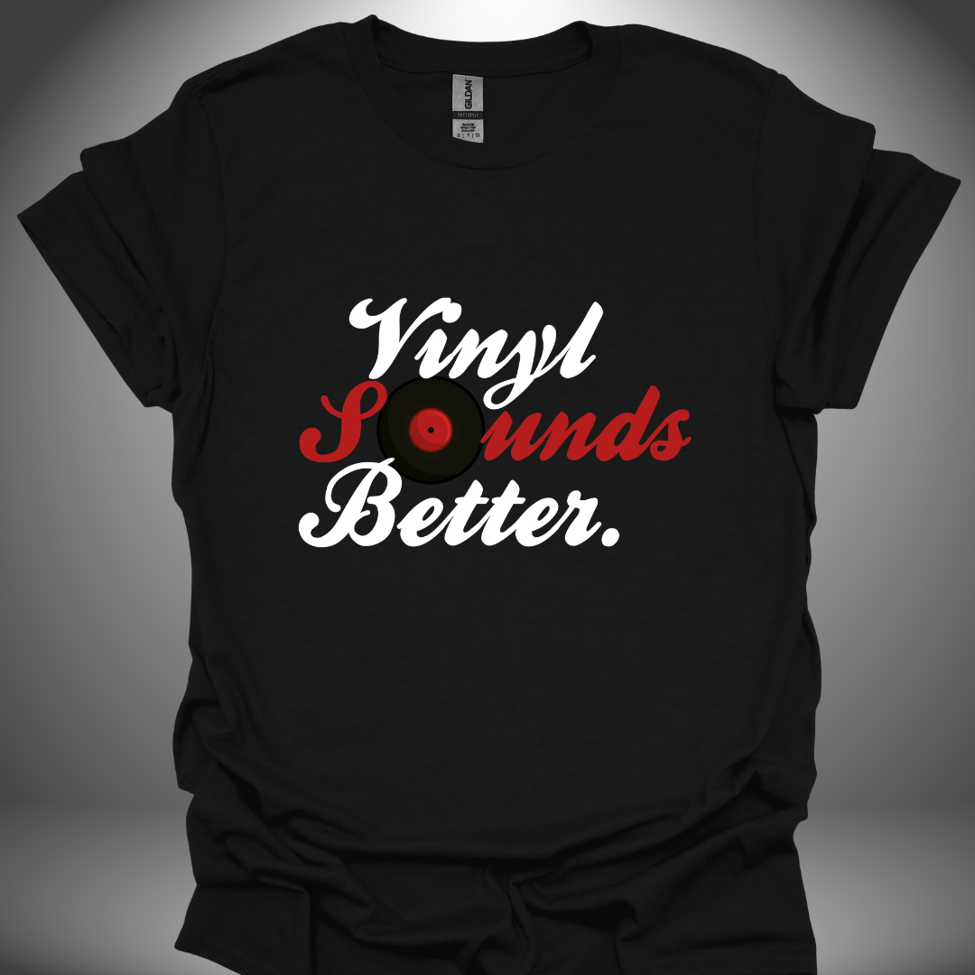 Vinyl enthusiast DJ T-shirt, 'Vinyl Sounds Better' design in black, front view