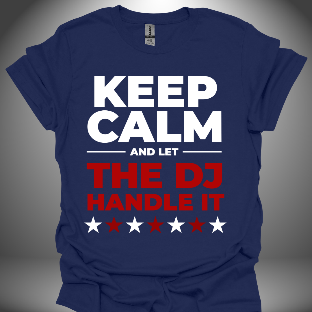 Unisex DJ T-shirt, 'Let The DJ Handle It' design in navy, front view