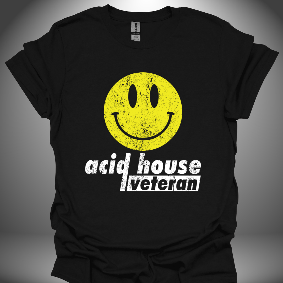 Unisex acid house T-shirt, 'Acid House Veteran' design in black, front view