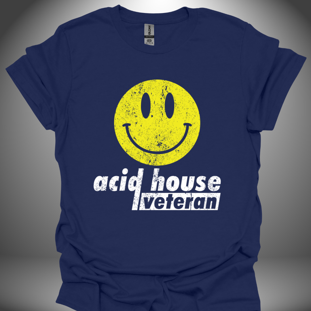 Unisex acid house T-shirt, 'Acid House Veteran' design in navy, front view