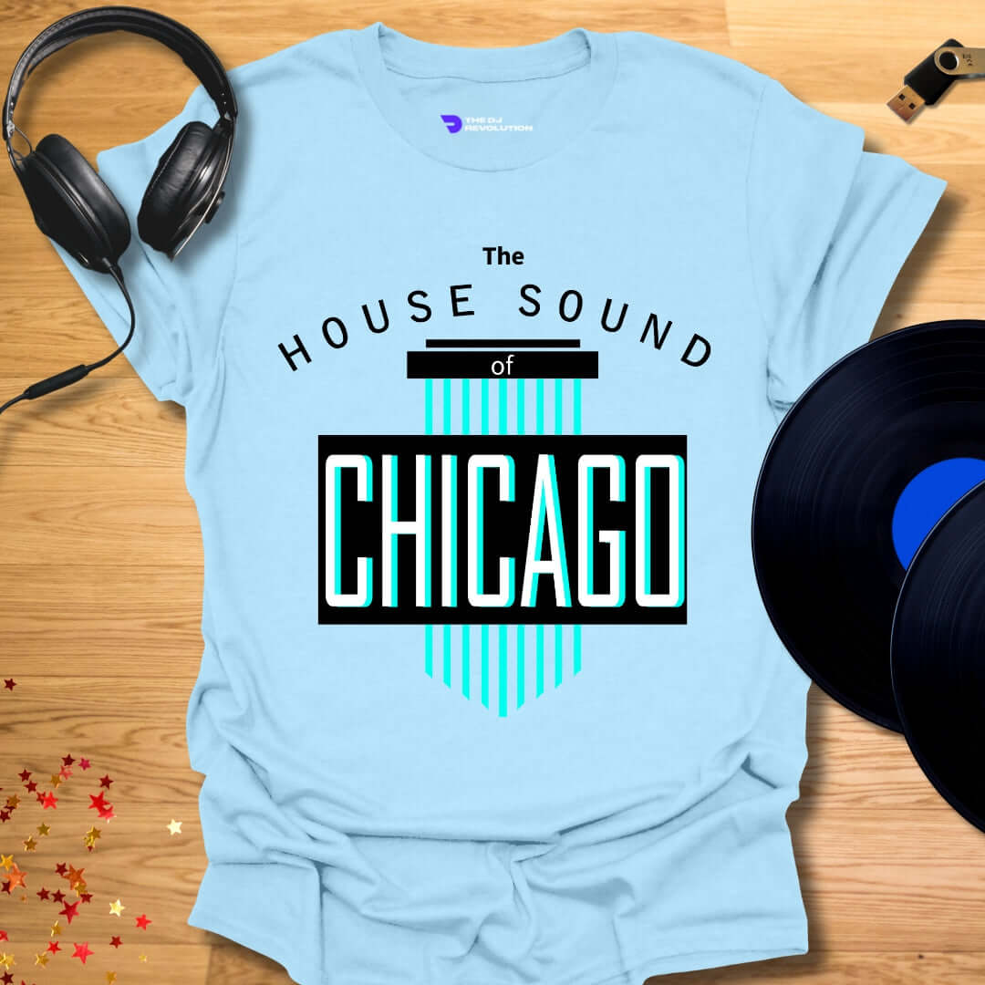 Unisex house music T-shirt, 'House Sound of Chicago' design in light blue, front view