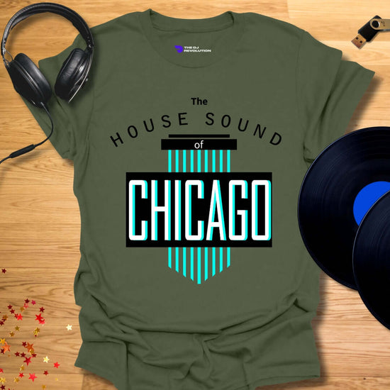 Unisex house music T-shirt, 'House Sound of Chicago' design in military green, front view