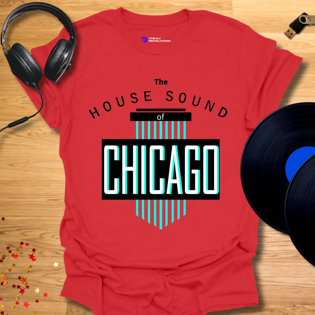 Unisex house music T-shirt, 'House Sound of Chicago' design in red, front view