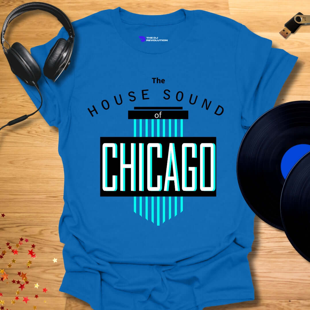 Unisex house music T-shirt, 'House Sound of Chicago' design in royal blue, front view