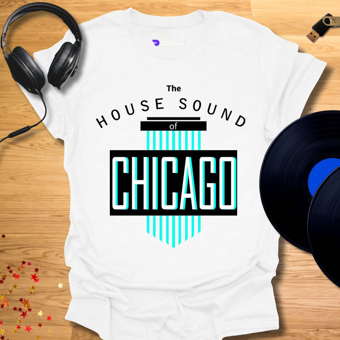 Unisex house music T-shirt, 'House Sound of Chicago' design in white, front view