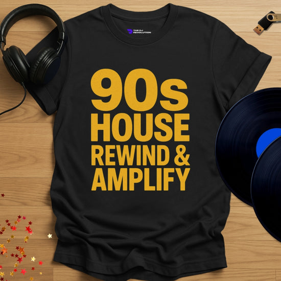90s House Rewind house music T-shirt in black, front view