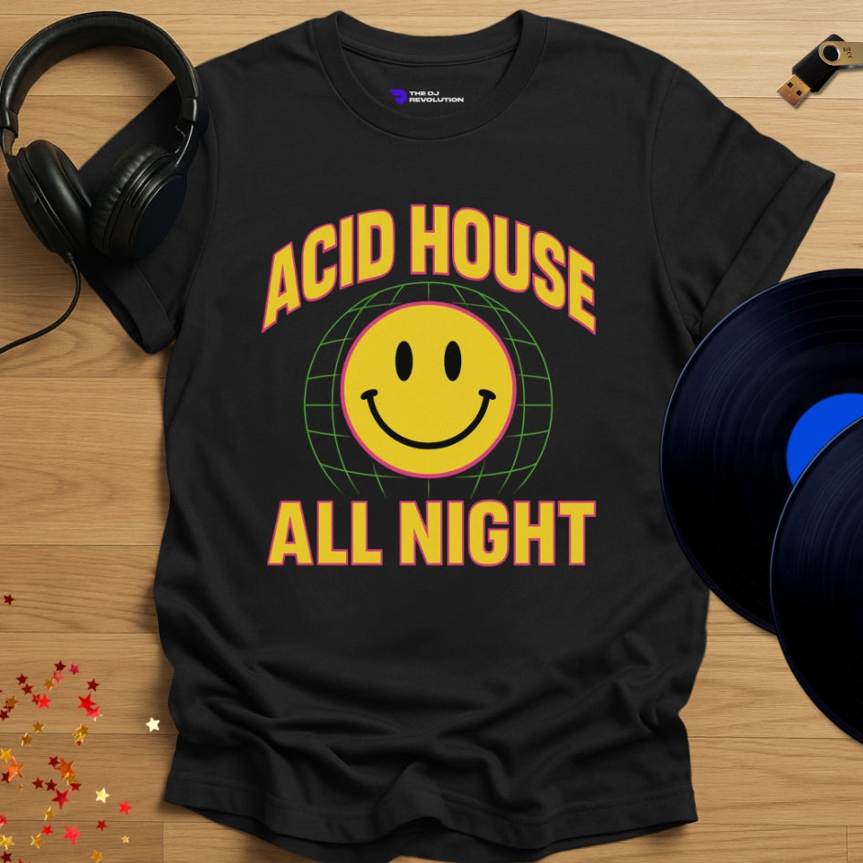 Acid House All Night house music T-shirt in black, front view