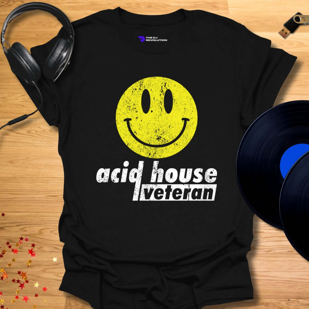Unisex acid house T-shirt, 'Acid House Veteran' design in black, front view