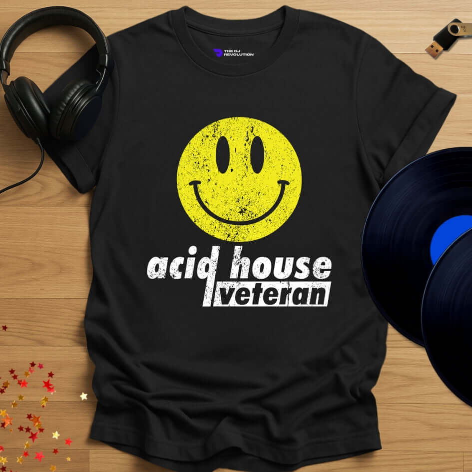 Unisex acid house T-shirt, 'Acid House Veteran' design in black, front view