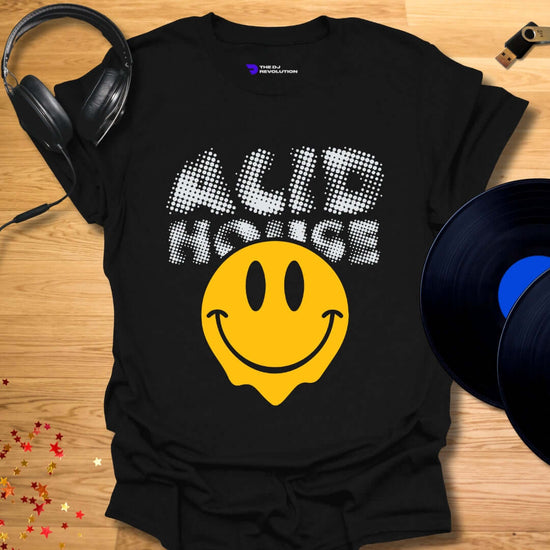 Unisex Acid House T-shirt, smiley face design in black, front view