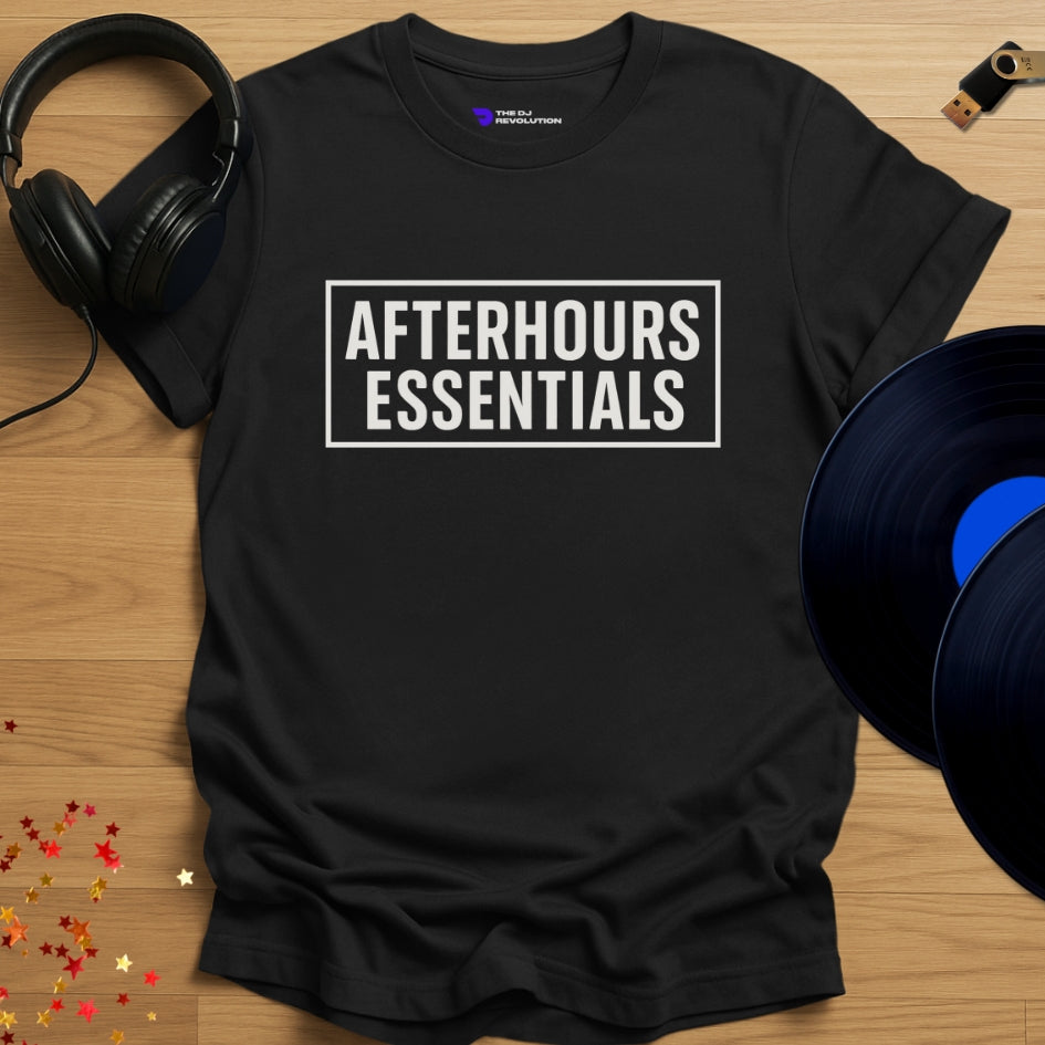 Afterhours Essentials house music T-shirt in black, front view