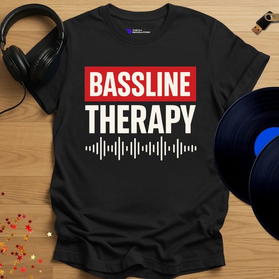 'Bassline Therapy' rave DJ T-shirt in black, front view