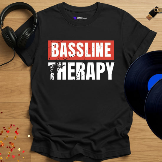 'Bassline Therapy' rave DJ T-shirt in black, front view