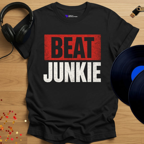 'Beat Junkie' DJ producer T-shirt in black, front view
