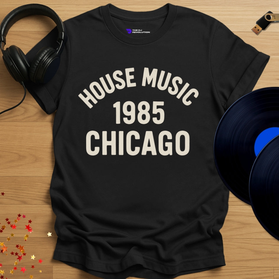 Chicago house music 1985 T-shirt in black, front view
