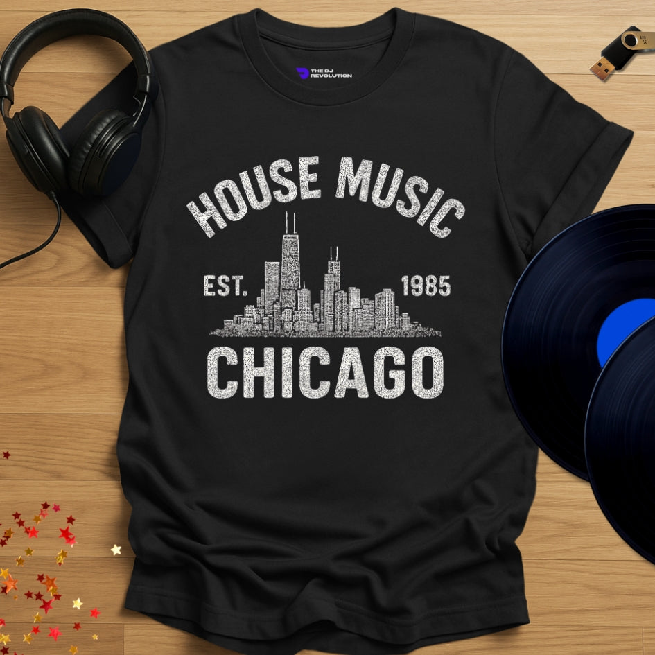 Chicago house music 1985 T-shirt in black, front view