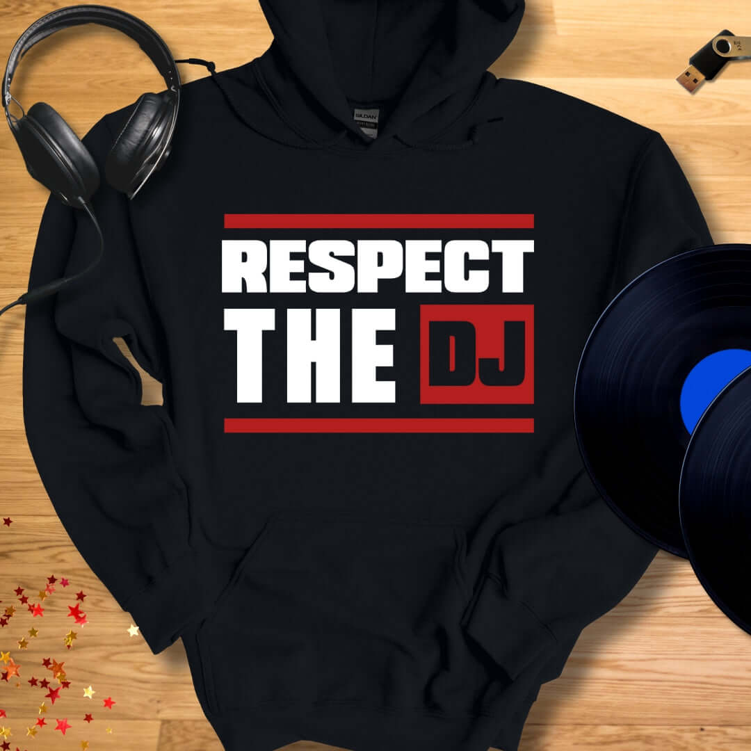 Unisex DJ Hoodie 'Respect The DJ' design in black, front view