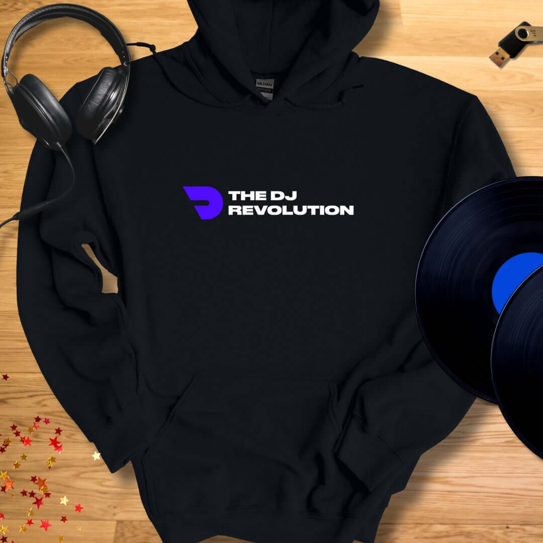 Unisex DJ Hoodie 'The DJ Revolution' design in black, front view