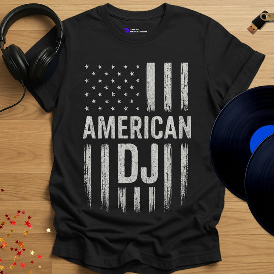 Unisex DJ T-shirt, 'American DJ' design in black, front view