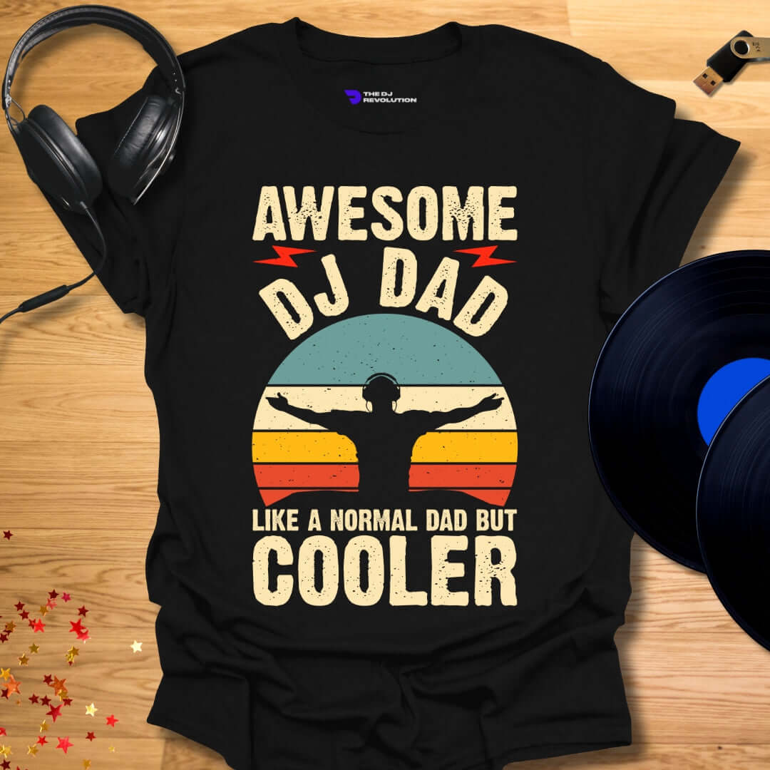 Unisex DJ T-shirt, 'Awesome DJ Dad' design in black, front view