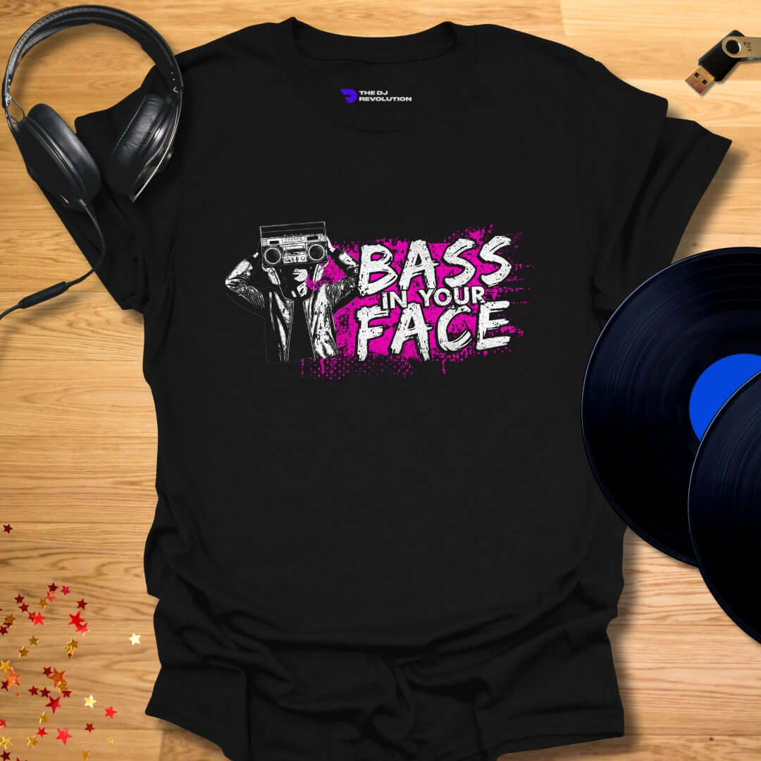 Unisex DJ T-shirt, 'Bass In Your Face' design in black, front view