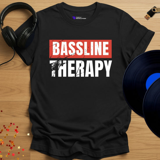 Rave DJ T-shirt, 'Bassline Therapy' design in black, front view