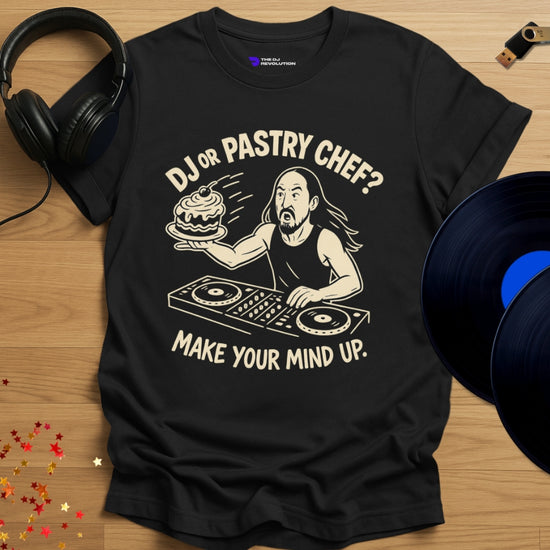 Funny DJ T-shirt, 'Cake Thrower DJ' design in black, front view