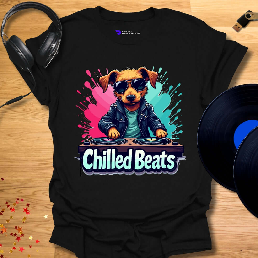 Unisex DJ T-shirt, 'Chilled Beats' dog design in black, front view