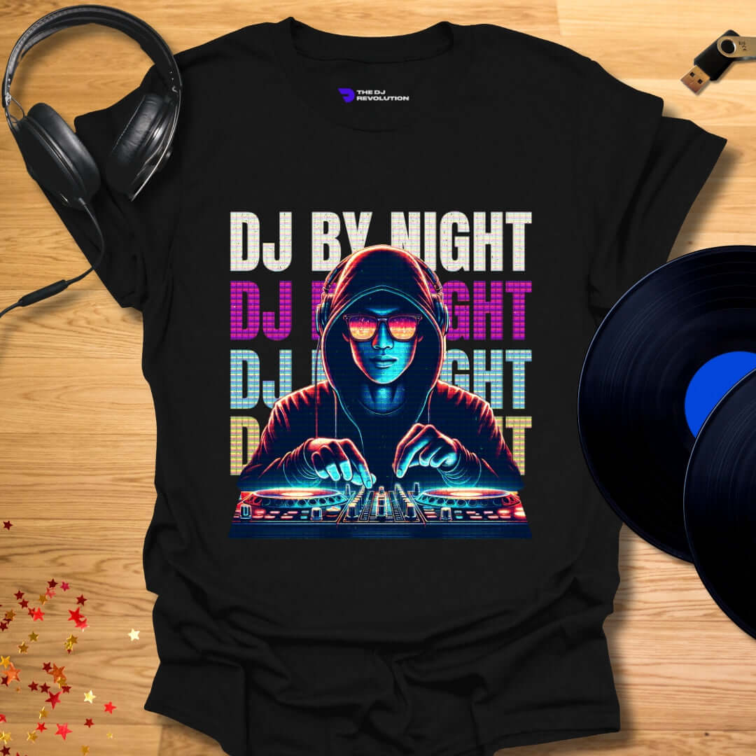 Unisex DJ T-shirt, 'DJ By Night' design in black, front view